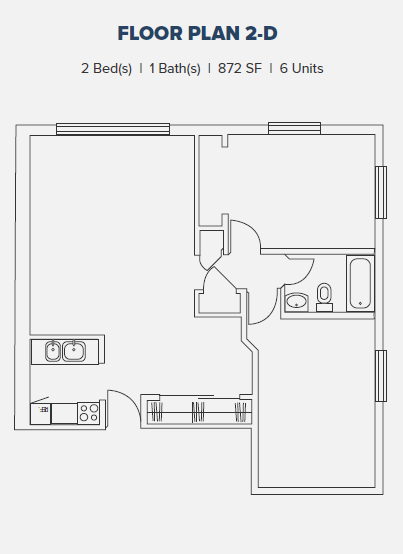 Floor plan for 2 beds, 1 bath, 872 sqft